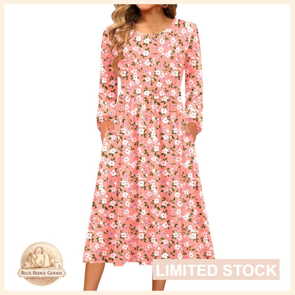 Long Sleeve A-Line Midi Dress with Pockets, Casual Boho Style, Flowy Fit
